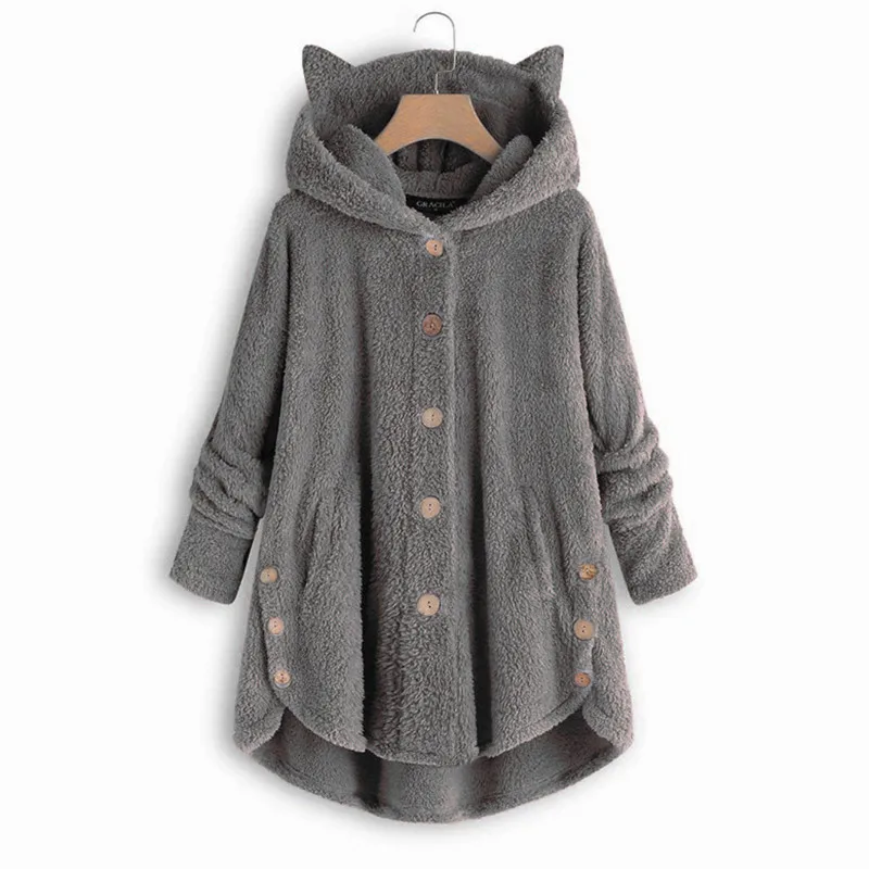 Леопардовое женское пушистое пальто, зимнее повседневное флисовое пальто на пуговицах с капюшоном и плюшевым мишкой, Женская милая теплая уютная зимняя верхняя одежда размера плюс, 5XL - Цвет: 9151 Dark Grey