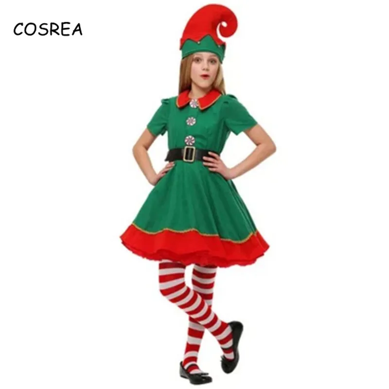 Women Men Boy Girl Christmas Santa Claus Costume Kids Adults Family Green Elf Cosplay Costumes Carnival Party Supplies