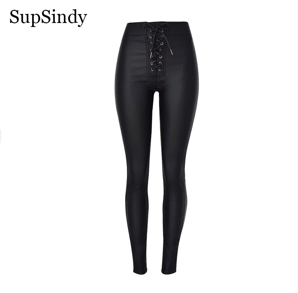 SupSindy женские брюки из искусственной кожи с высокой талией красные леггинсы дикие тонкие узкие брюки на молнии обтягивающие кожаные брюки для женщин брюки