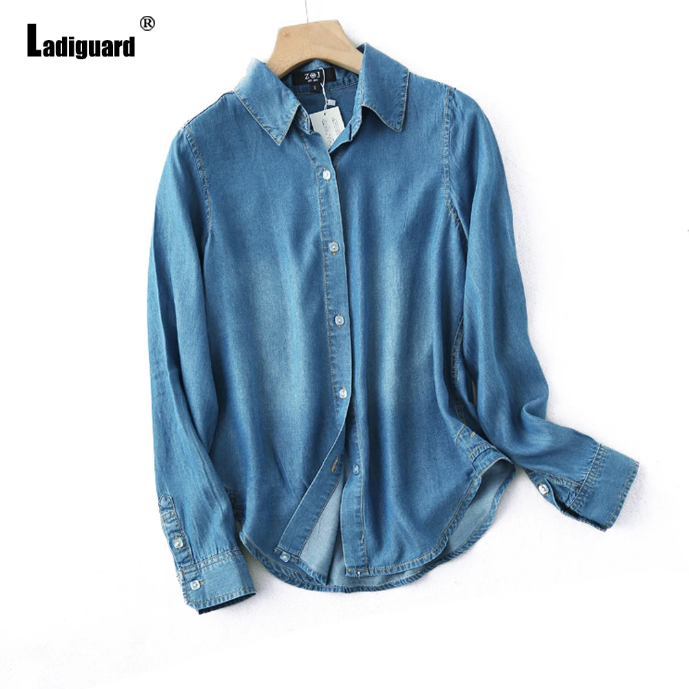 European Style Fashion Top Ladies Retro Blue Denim Blouse Lapel Collar Jean Outerwear 2021 Autumn Vintage Shirt blusas Femme