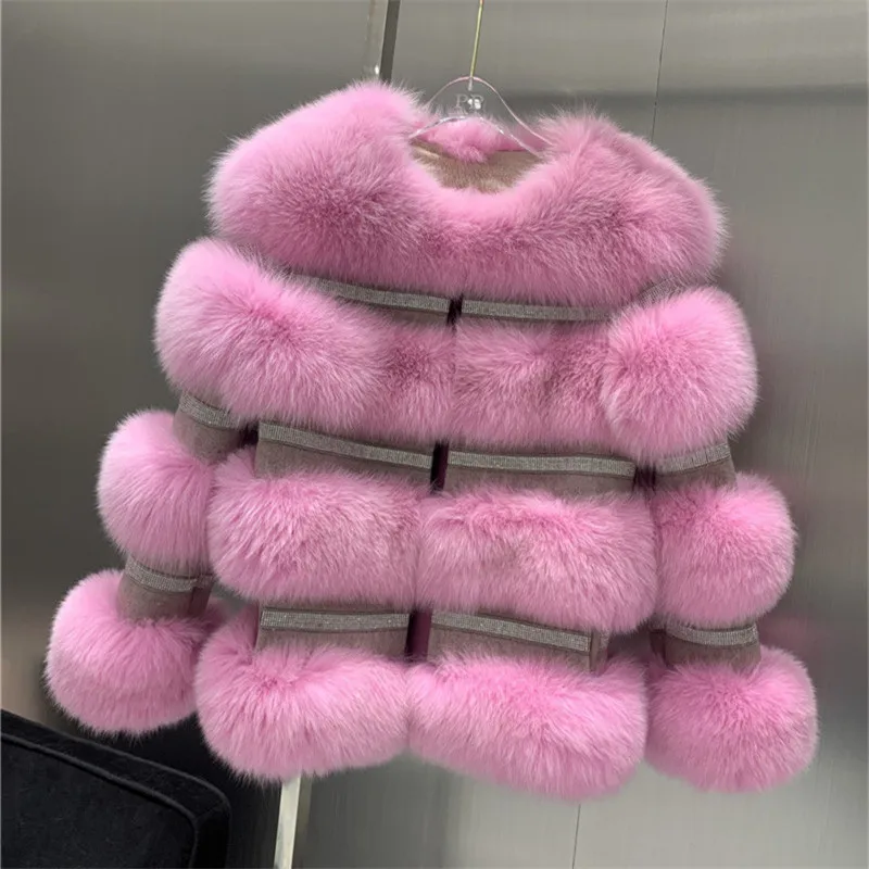 

2020 Winter New Real Fox Fur Coat Women Genuine Fox Fur Jacket Splicing Cashmere Woolen Fur Coats With Crystal Diamonds