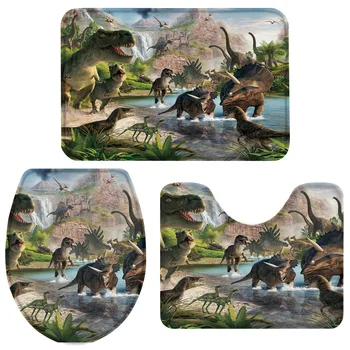 

3 Pieces Bathroom Set 3D Cartoon Dinosaur Bath Set Toilet Cover Mat Pedestal Rug Non-Slip Bathroom Rug Set