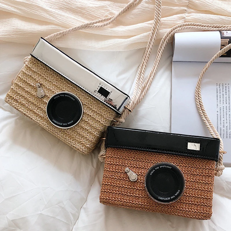 

Casual Camera Shaped Women Straw Bag Rattan Shoulder Bags Wicker Woven Messenger Crossbody Bag Small Flap Box Summer Beach Purse