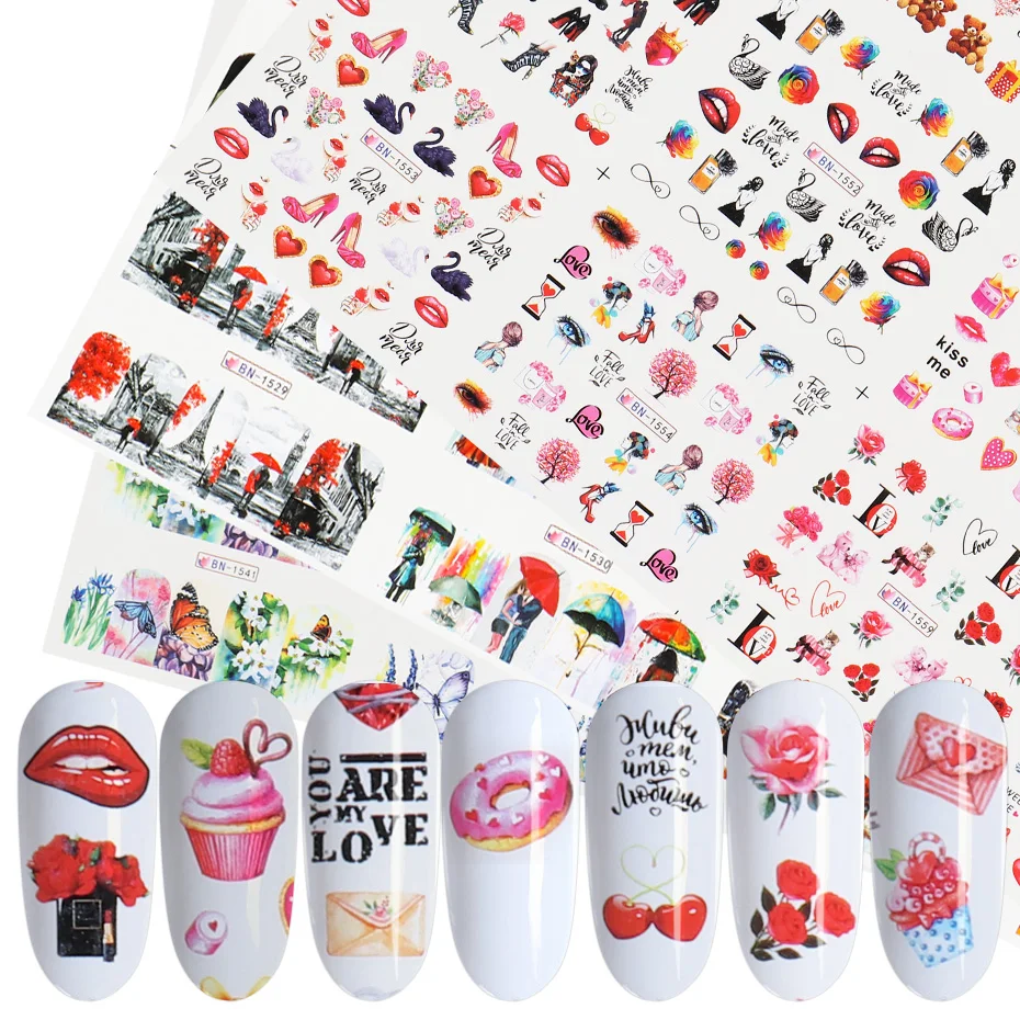 36 шт. Набор наклеек для ногтей в виде сердечек тортов бабочек слайдеров нейл арта