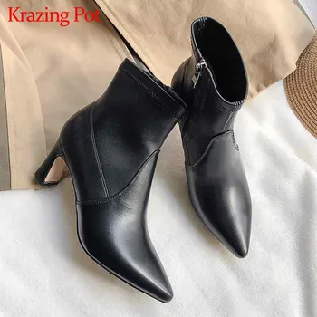 

Krazing Pot classic basic office lady cow leather stretch boots pointed toe high heels women winter solid zip ankle boots L33