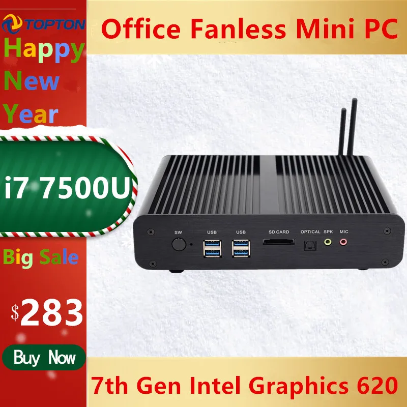 Настольный мини ПК без вентилятора Topton Windows 10 Pro Intel 2 * DDR4 32 ГБ i7 7500U HD Graphics 620 300 м Wi Fi