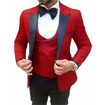 

[XZ06] Male Retro Jacquard Peak Lapel Tuxedo Suits Wedding Groom Groomsmen Dress Wear 3 Pieces Men's Prom Suits Set For Dinner