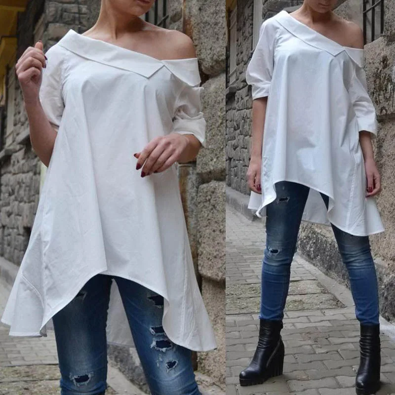 

Women's Asymmetrical Blouse 2019 ZANZEA Sexy Off Shoulder Tops Summer Casual Solid Tunic Female Plus Size Blusa 3/4 Sleeve Shirt