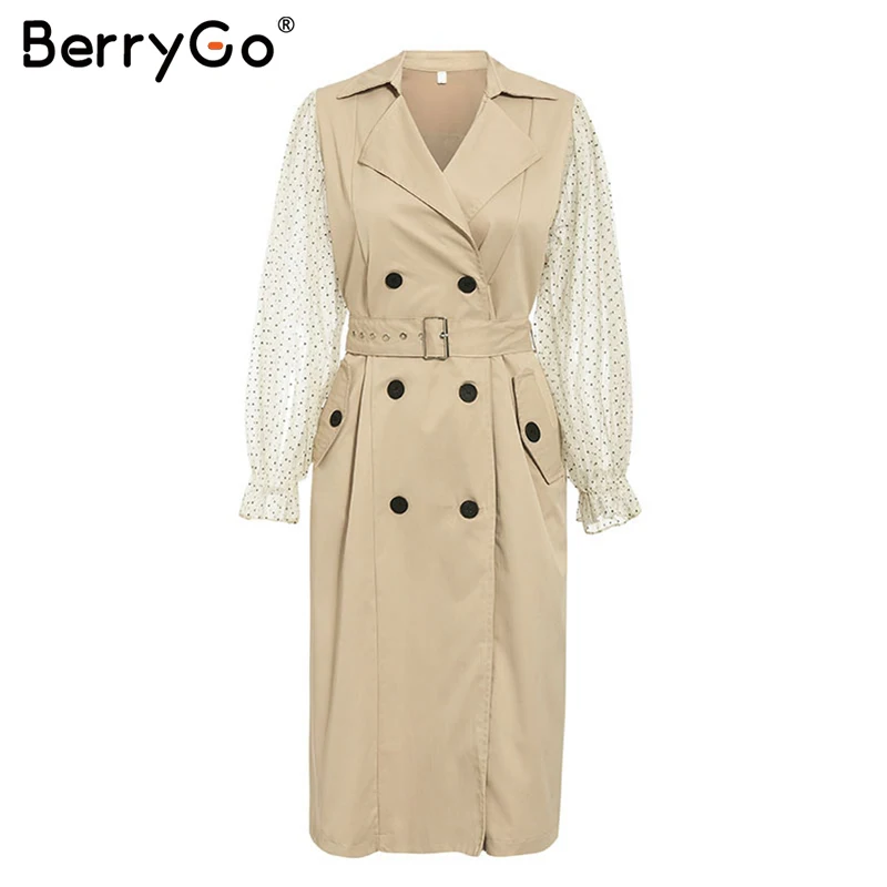 BerryGo, элегантное шикарное Женское пальто в горошек, лоскутное, прозрачное, с пышными рукавами, Женское пальто, на пуговицах, с карманами, для девушек, длинные тренчи - Цвет: Хаки