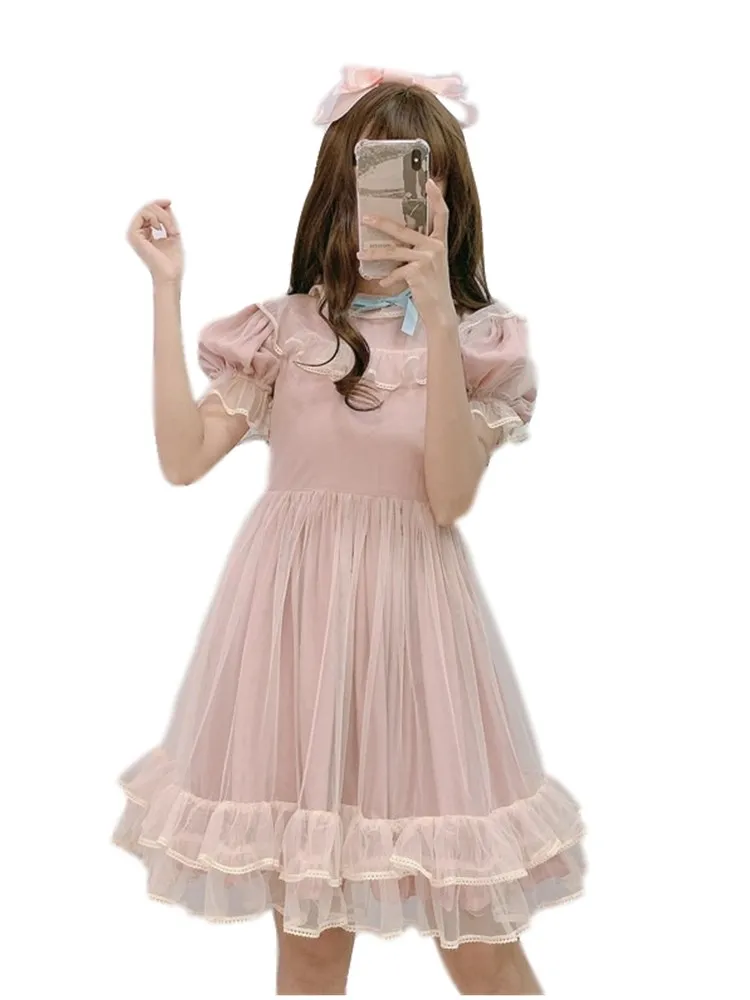 Pink dress Летнее японское кружевное розовое платье в стиле Лолиты для девочек-подростков; мягкие милые женские платья трапециевидной формы с оборками и короткими рукавами; вечерние мини-платья в сеточку - Цвет: Pink dress