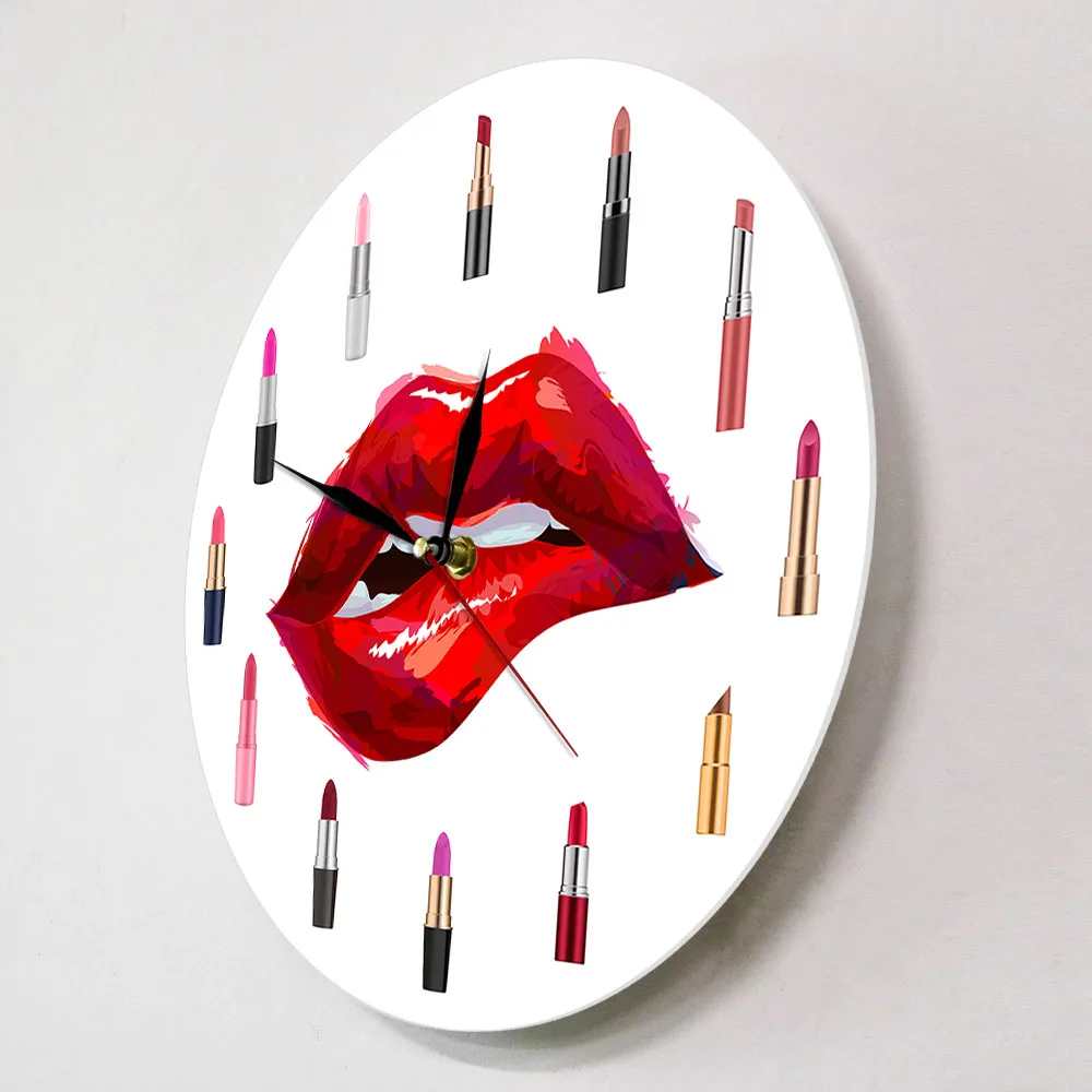 Красные губы красивая помада печать декоративные круглые Настенные часы Макияж Салон красоты бизнес Искусство Мода Reloj сравнению женщина подарок