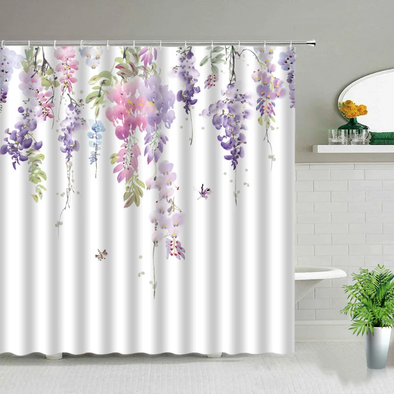 

Green Tropical Leaf Bird Rose Flower Plant Landscape Print Pattern Shower Curtain Bathroom Shower Curtain with Hook