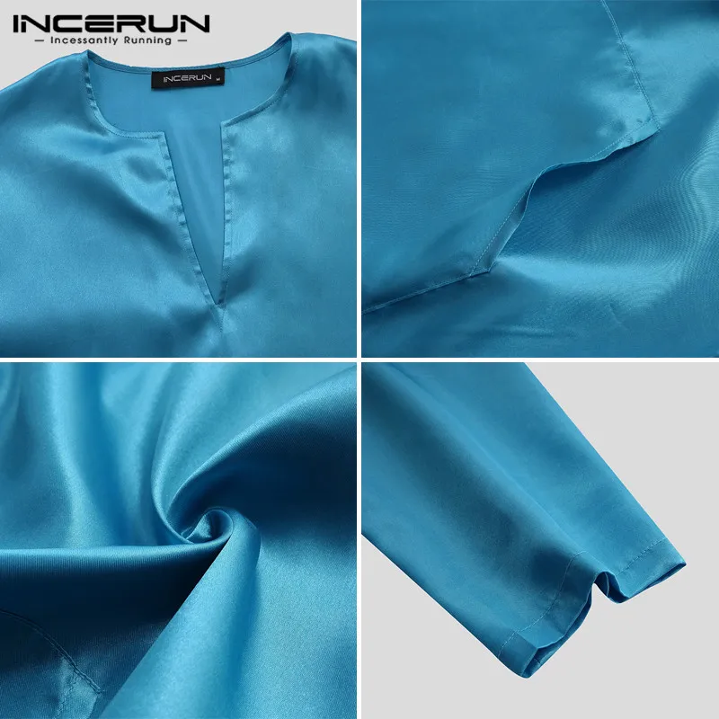 INCERUN Men Robes Nightgown Faux Silk Satin Solid Color Long Sleeve V Neck Pockets Pajamas Stylish Men Bathrobes Homewear S-5XL