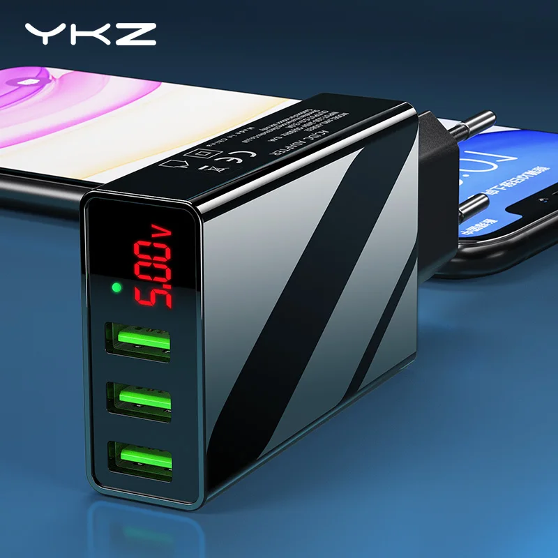 

YKZ 3 USB Port Charger Adapter LED Display EU Plug The Max 3.0A Smart Fast Charging Mobile Wall Charger for iPhone iPad Y35