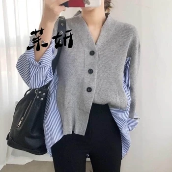 

Korean Style Women Sweater Autumn and Winter New V-neck Ladies Sweater Stripes Loose Wild Women Clothing