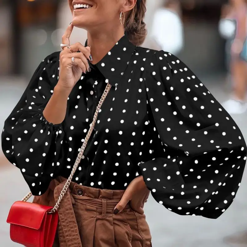 

S-5Xl Women Polka Dot Blouses Celmia Autumn Long Lantern Sleeve Lapel Neck Elegant Shirt Office Ladies Stylish Tops Plus Size 7