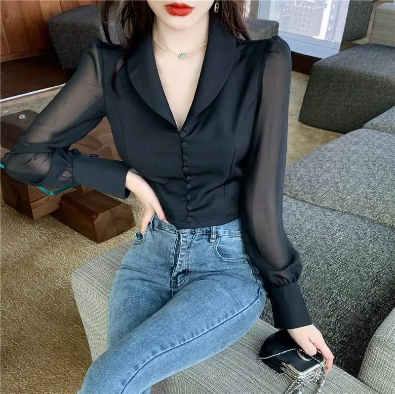 Shirts Women Solid Turn-down Collar Ins Abdomen Cropped Leisure Korean Style Fashionable Ladies Blouses Long Sleeve Stylish Chic