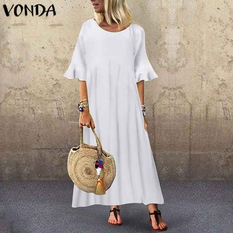 VONDA, летнее плиссированное платье с круглым вырезом и рукавом средней длины, однотонные длинные платья макси для беременных, пляжные платья, Femme Robe S-5XL