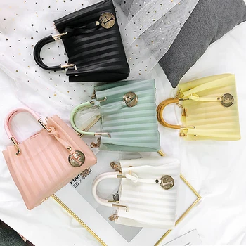 

Casual Candy Color Striped Fold Pu Leather Handbags Women Shoulder Bags Ladies Chain Jelly Handbag Woman Summer Bucket Beach Bag