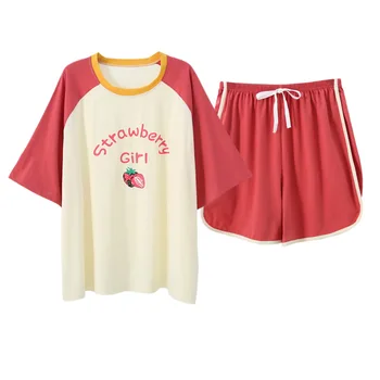 

Summer new women's pajamas cotton short sleeve two piece set plus size home clothes can be worn outside