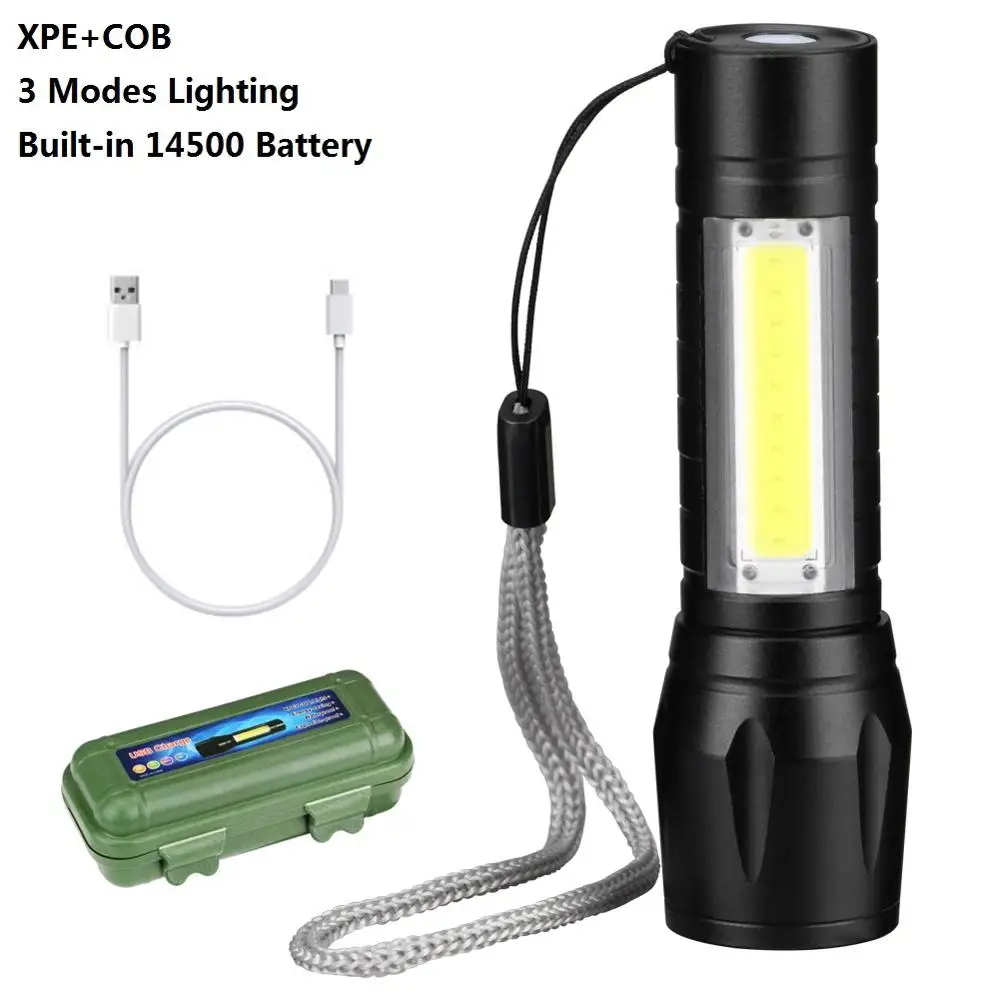 Алюминиевый XPE+ COB светодиодный светильник-вспышка, 4 режима, масштабируемый фонарь, рабочий светильник, портативный фонарь, ручка, лампа с зажимом, карманный светильник, 1xAA батарея - Испускаемый цвет: Built-in Battery