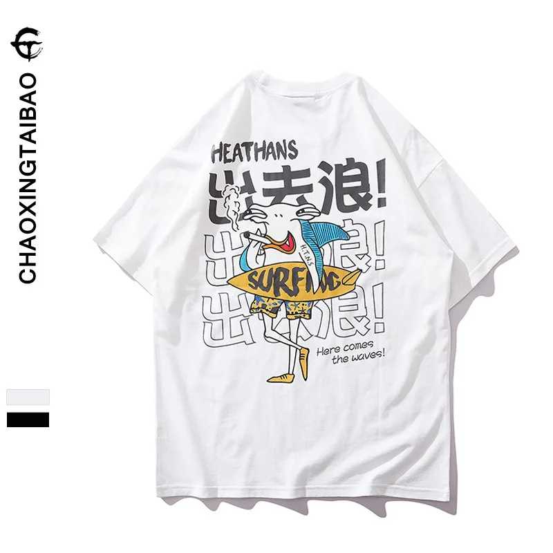 

European And American Streets Hong Kong Style Short Sleeve T-shirt Men's Crew Neck Spoof Shark BF Style Loose-Fit Popular Brand