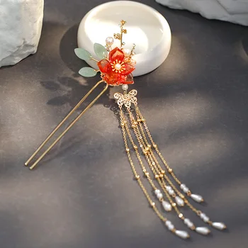 

FORSEVEN Flower Pearls Long Tassel Step Shake Hair Forks Sticks Chinese Hairpins Clips Bride Noiva Bridal Wedding Headpieces