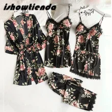 5 шт. пижамный комплект, сексуальный кружевной Атласный халат, пижама, банный халат, брюки, нижнее белье-шорты, пижамы, одежда для сна, халат для женщин, длинные штаны#45