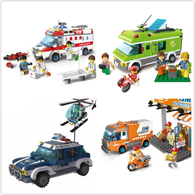 

Models building toy Enlighten 1117 397Pcs City Police Series Helicopter Highway Pursuit Building Blocks