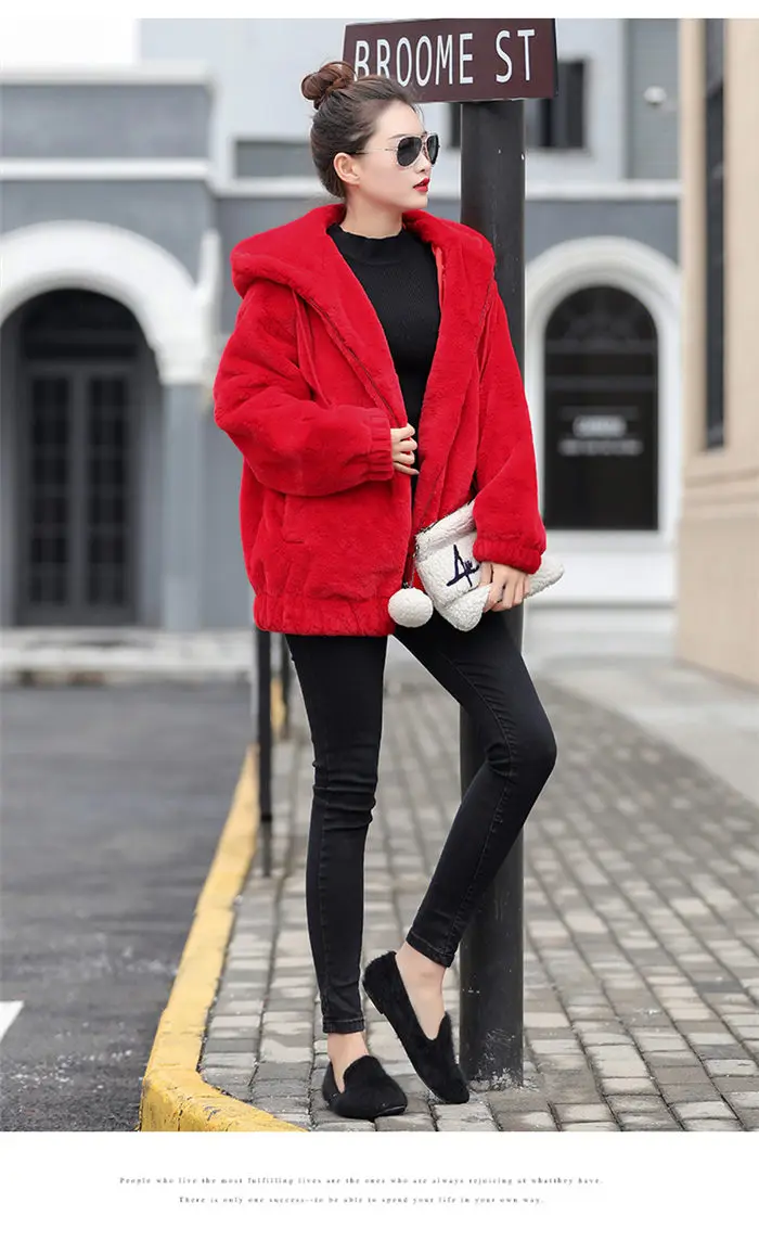 Faux Rex Rabbit Fur Coat Female Winter New Long Sleeve Korean Loose Plush Thick Hoodies Sweatshirt Jacket For Women f2084