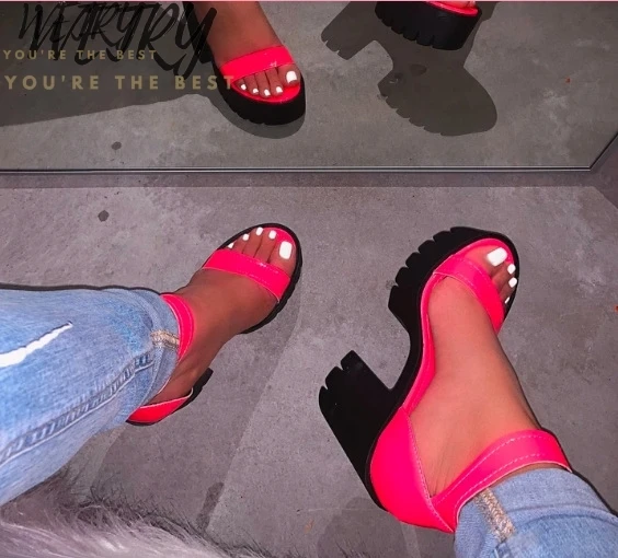

2020 Sexy Summer Shoes Woman Slip On Fashion Sandals Square Toe Slides Ladies High Heels Slippers Pumps Shoes free shipping