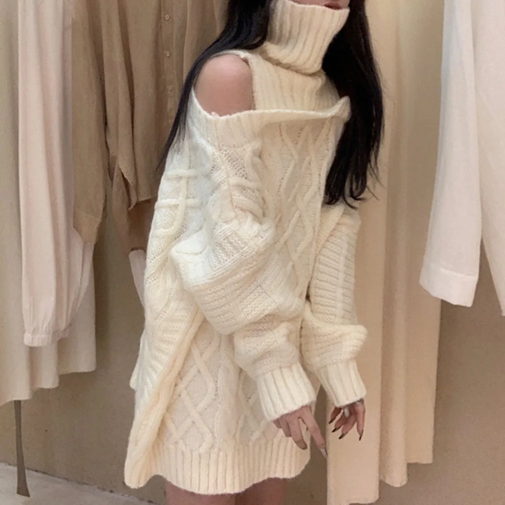 

Korean Version Turtleneck Sweater Strapless Irregular Loose Fashion Autumn Winter Long Sleeve Pullover