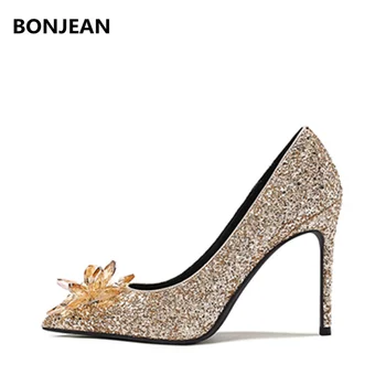 

BONJEAN Slip On Thin Heels Women Pumps Gold Bling Woman Stiletto Pointed Toe Wedding Party Dress Shoes Woman Crystal Embellished