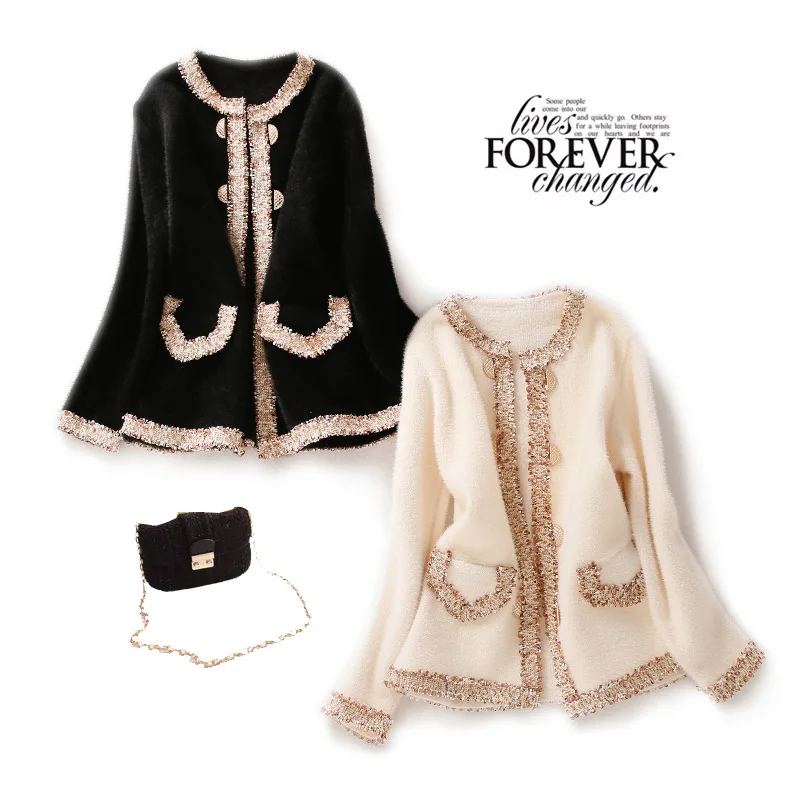 

Wg98 Debutante Graceful Elegant Contrast Color Binding Slimming Mink Fur Knitted Cardigan Coat Women's