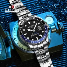 

Haiqin 2022 New GMT Mechanical Automatic Watch Stainless Steel Men's Accessories Automatic Winding Waterproof Relogio Masculino