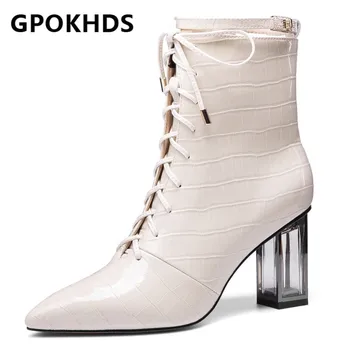 

GPOKHDS 2021 women Ankle boots Cow leather Winter short plush Pointed Toe Zipper High heels female boots size 40