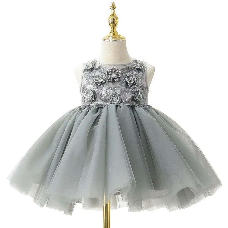 

Gray Flower Lace Baby Girl Dress 1st Birthday Outfit Newborn Baptism Dress Infant Christening Wedding Gown Girls Party Dress