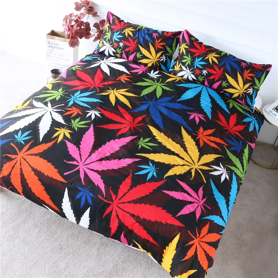

HM Life Bedding Set Maple Leaf Full Size 3 Pieces Colorful Bedclothes Autumn Tree Leaves Printed Black Duvet Cover Sets