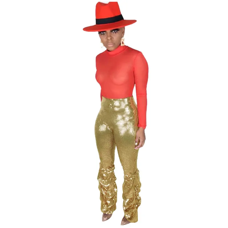 Блестящие женские брюки с блестками, элегантные штаны с высокой талией и рюшами, женские сексуальные Клубные вечерние блестящие красные синие зимние штаны - Цвет: Golden