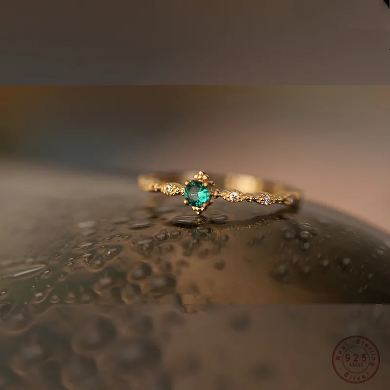 925 Sterling Silver Fashion Tail Ring Women Plating 14k Gold Simple Design Inlaid Emeralds Wedding Jewelry Accessories silver rings,silver ring,gold plated rings,wedding rings,gold plated silver ring,emerald gemstone ring,gemstone ring,gold rings