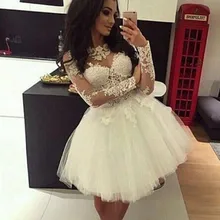 Белые платья для выпускного вечера бальное платье Тюль с длинным рукавом Аппликации Кружева Короткие мини элегантные коктейльные платья