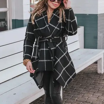 

Winter Thick Turn-Down Collar Woolen Coat Women Casual Lace Up Long Irregular Coat A-Line Plaid Outwear