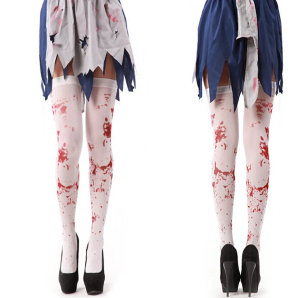 

New 2019 White Bloody Blood Stained Hold Up Stockings High Socks Party Props Halloween Zombie Fancy Dress Party Favors