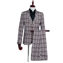 Модный мужской деловой костюм из 3 предметов, костюм на свадьбу, выпускной, кофейный, в клетку, с отворотом, тонкий, повседневный костюм, комплект(пальто+ жилет+ брюки