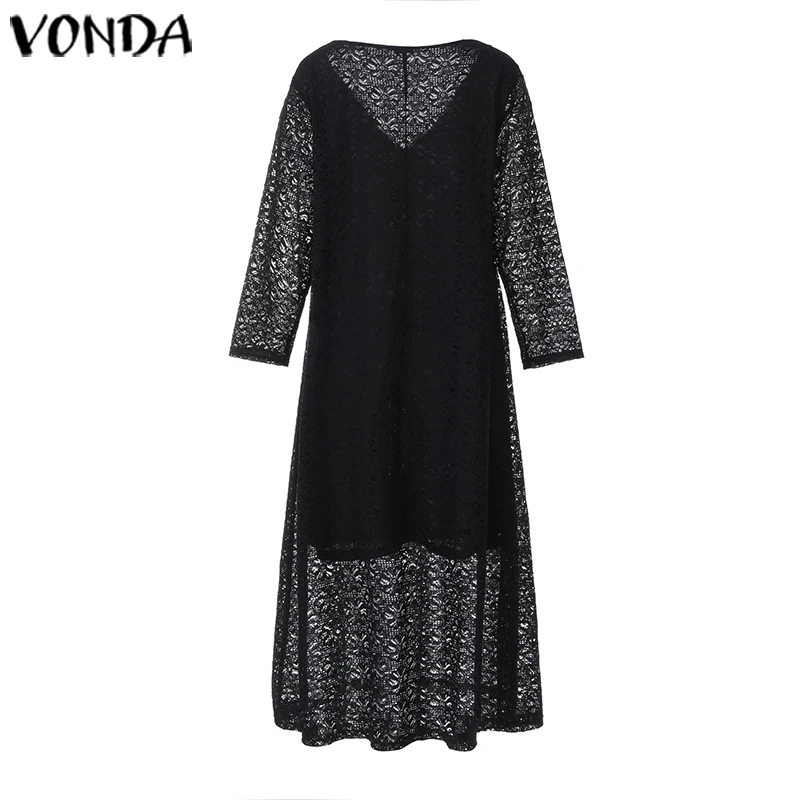 VONDA Womens Sexy Dress Casual Long Sleeve Crochet Hollow Out Loose Long Maxi Dresses Party Maternity Vestidos Beach Sundress