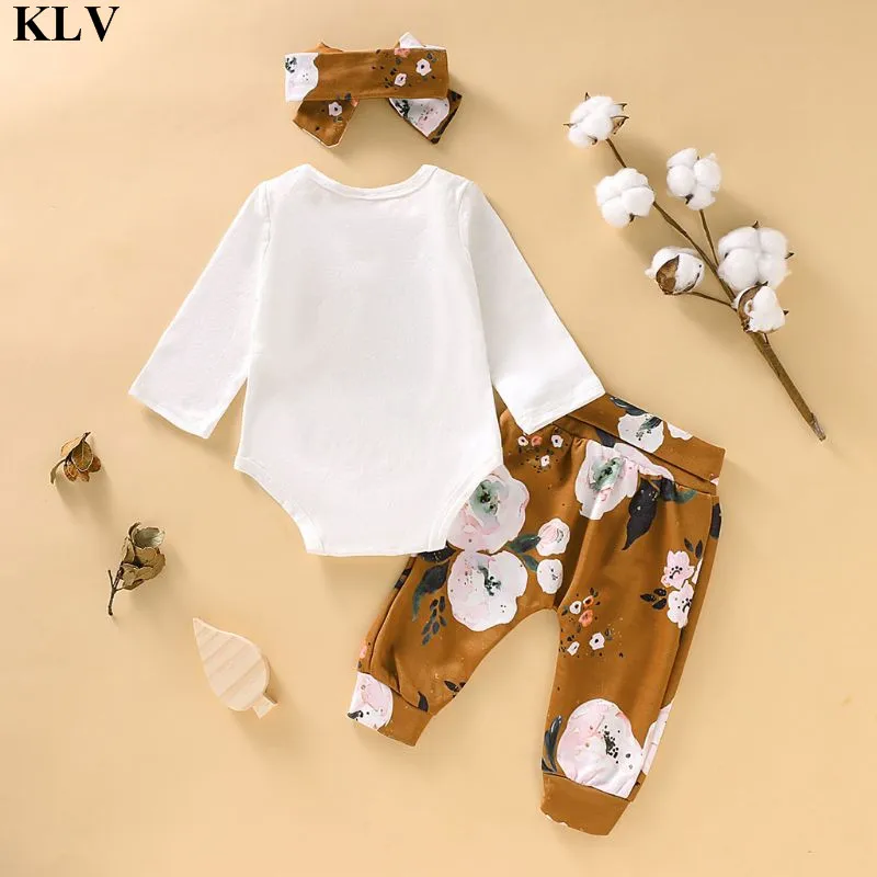 KLV костюм из 3 предметов комбинезон с длинными рукавами и надписью для новорожденных+ длинные штаны с цветочным принтом+ повязка на голову комплект одежды для маленьких девочек