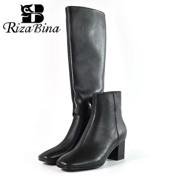 

RIZABINA Real Leather Women Knee Boots Thick Heel Square Toe Zip Removable Shoes Warm Boots Fashion Party Footwear Size 34-39
