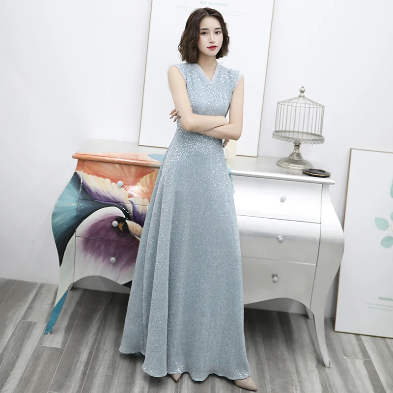 AE522 2020 Sexy V Neck Sequin Long Evening Dress Elegant A Line Gowns Robe De Soiree Longue | Свадьбы и торжества