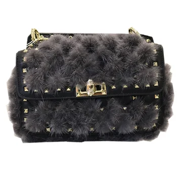 

Bags For Women 2020 Fur Mink Hair Rivets Black Handbags Genuine Leather Lady Shoulder Messenger Splicing Bag Whole Sale