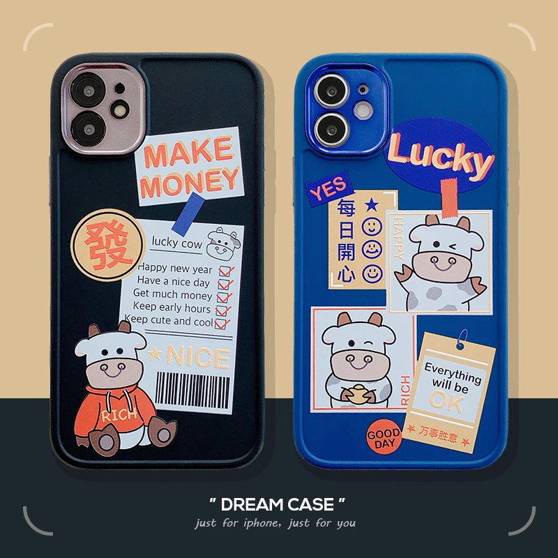 Tahun Baru Beruntung Kata-kata Label Susu Sapi Case untuk iPhone 12 Mini 11  Pro XS Max Dilepas Plating Perlindungan Kamera lembut TPU Cover